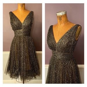 Gorge Marchesa Notte Gold Tulle Surplice Cocktail Gown